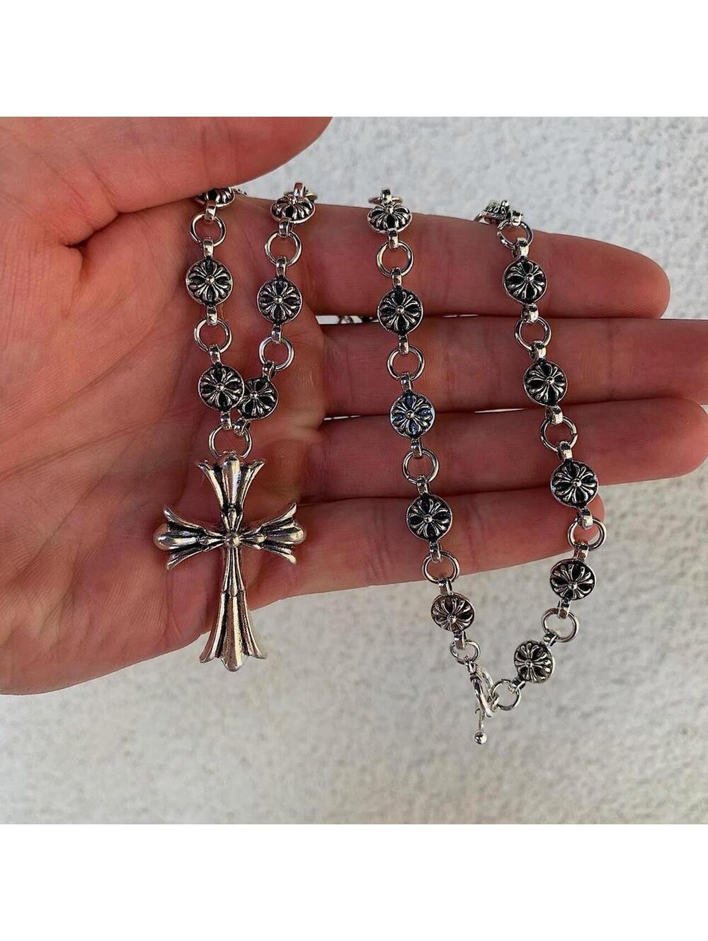 Grunge Cyber y2k silver gothic cross long necklace chain. 24 inches length.